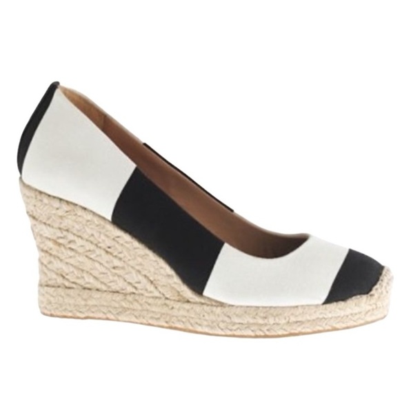 J. Crew New Seville Black White Stripe Canvas Wedge Espadrilles Women’s 9 NIB - Picture 1 of 13
